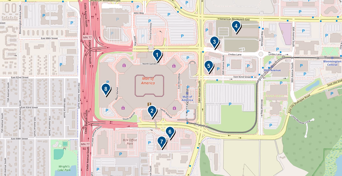 Map of Mall of America and MSP airport hotels with numbered pins matching the hotel cards below.