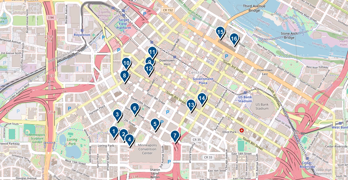 Map of downtown Minneapolis hotels near Loring Park with numbered pins matching the hotel cards below.