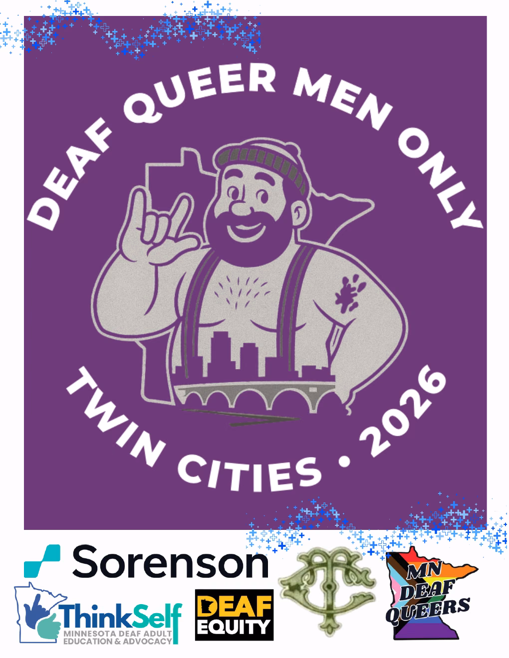 Purple DQMO Twin Cities 2026 program cover featuring an illustrated bearded Paul Bunyan signing I love you, the Minneapolis skyline and Stone Arch Bridge, and sponsor logos.