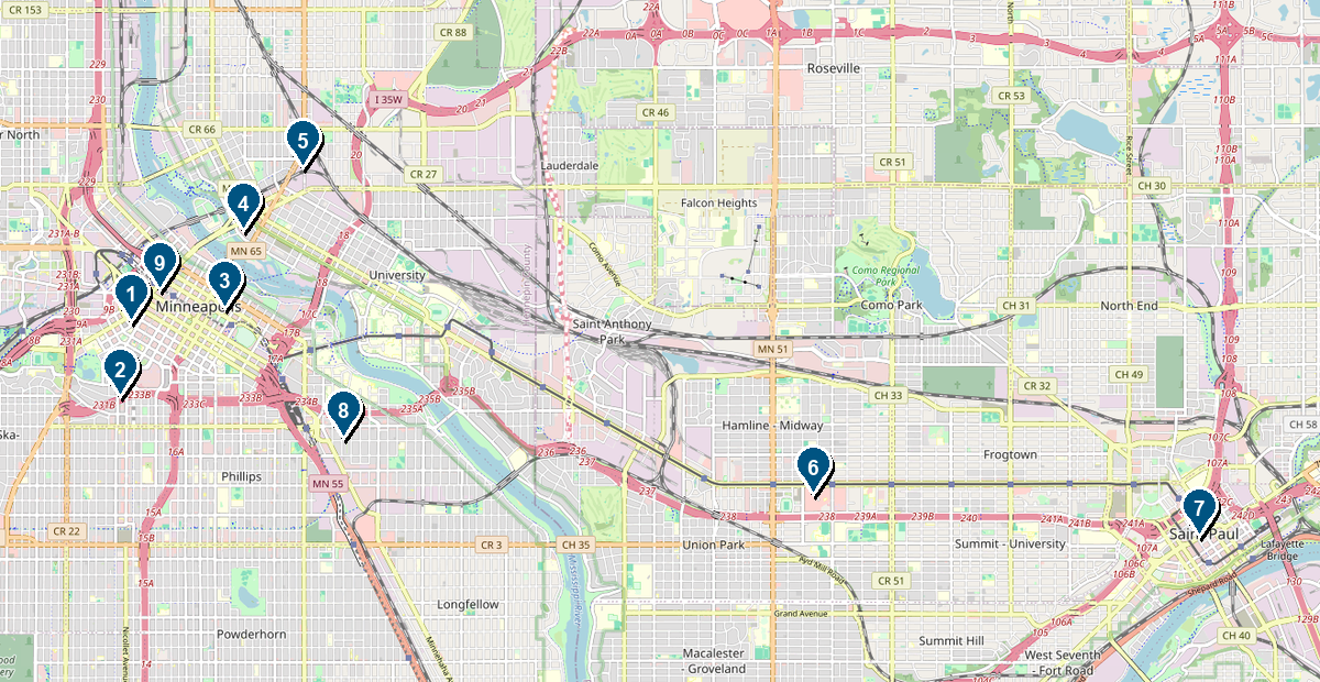Map of Minneapolis and Saint Paul queer bars with numbered pins matching the venue cards below.